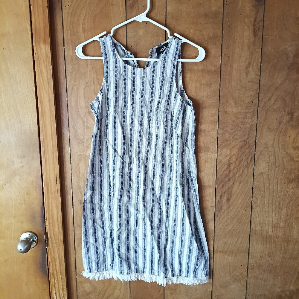 MSK Blue White Striped Sleeveless Shift Dress Frayed Hem Size Small